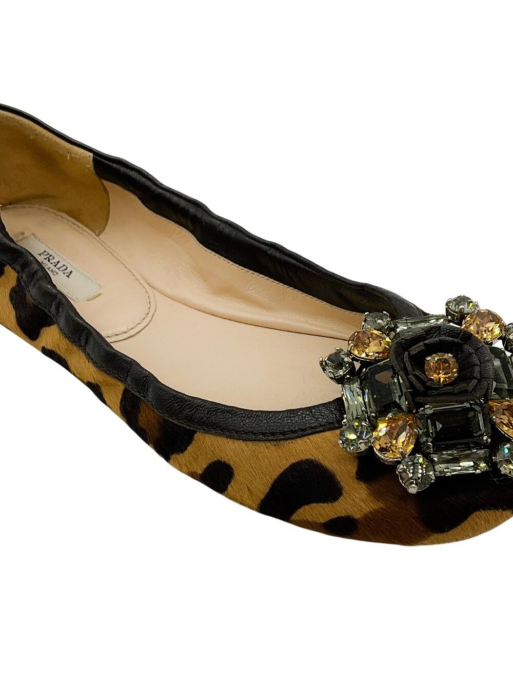 Prada Leopard Print Calf Hair Ballet Flats with Crystal Embellishments